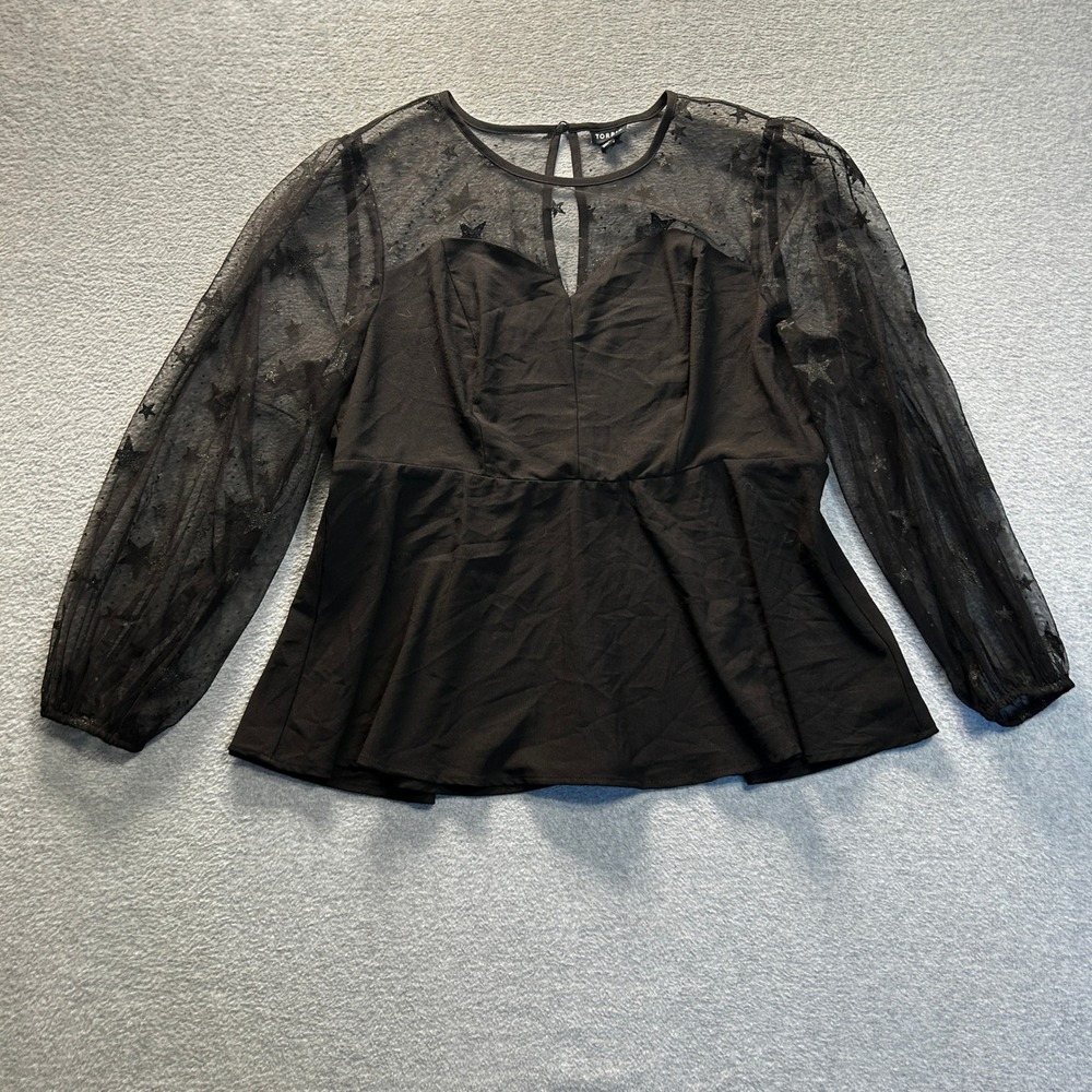 Torrid Babydoll Peplum Top Womens Black Mesh Star Glitter Sheer‎ Longs Sleeve 1X